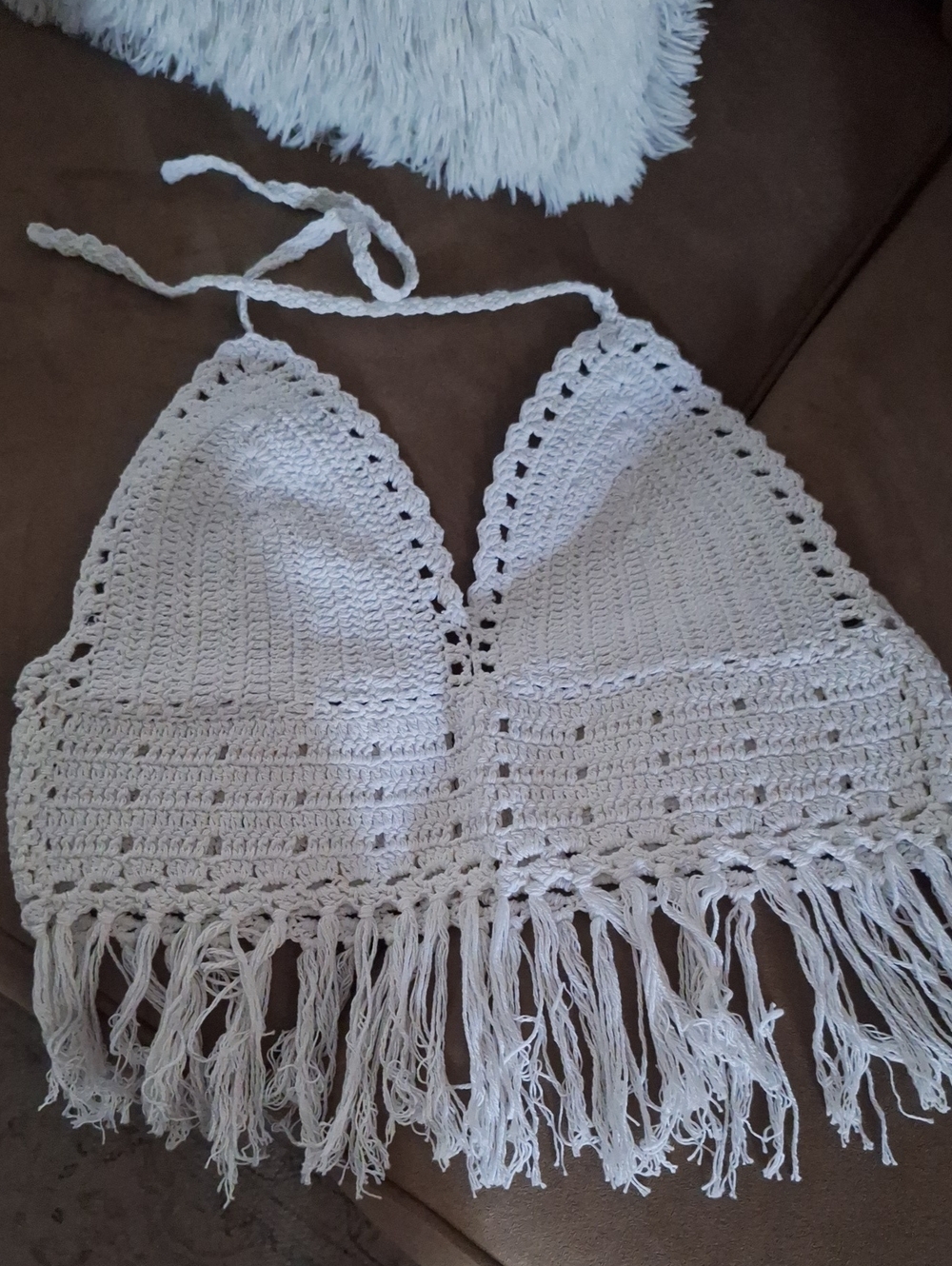 White Crochet Fringe Halter Crop Top